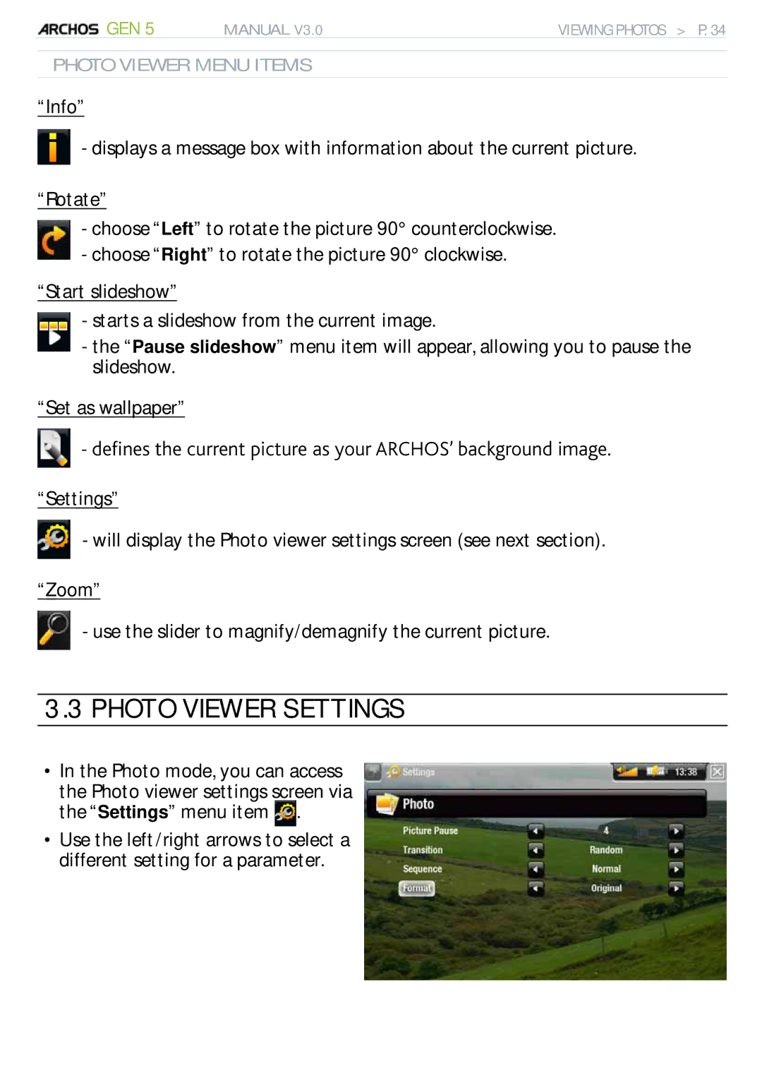 Archos 705 WIFI user manual Photo Viewer Settings, Photo Viewer Menu Items 