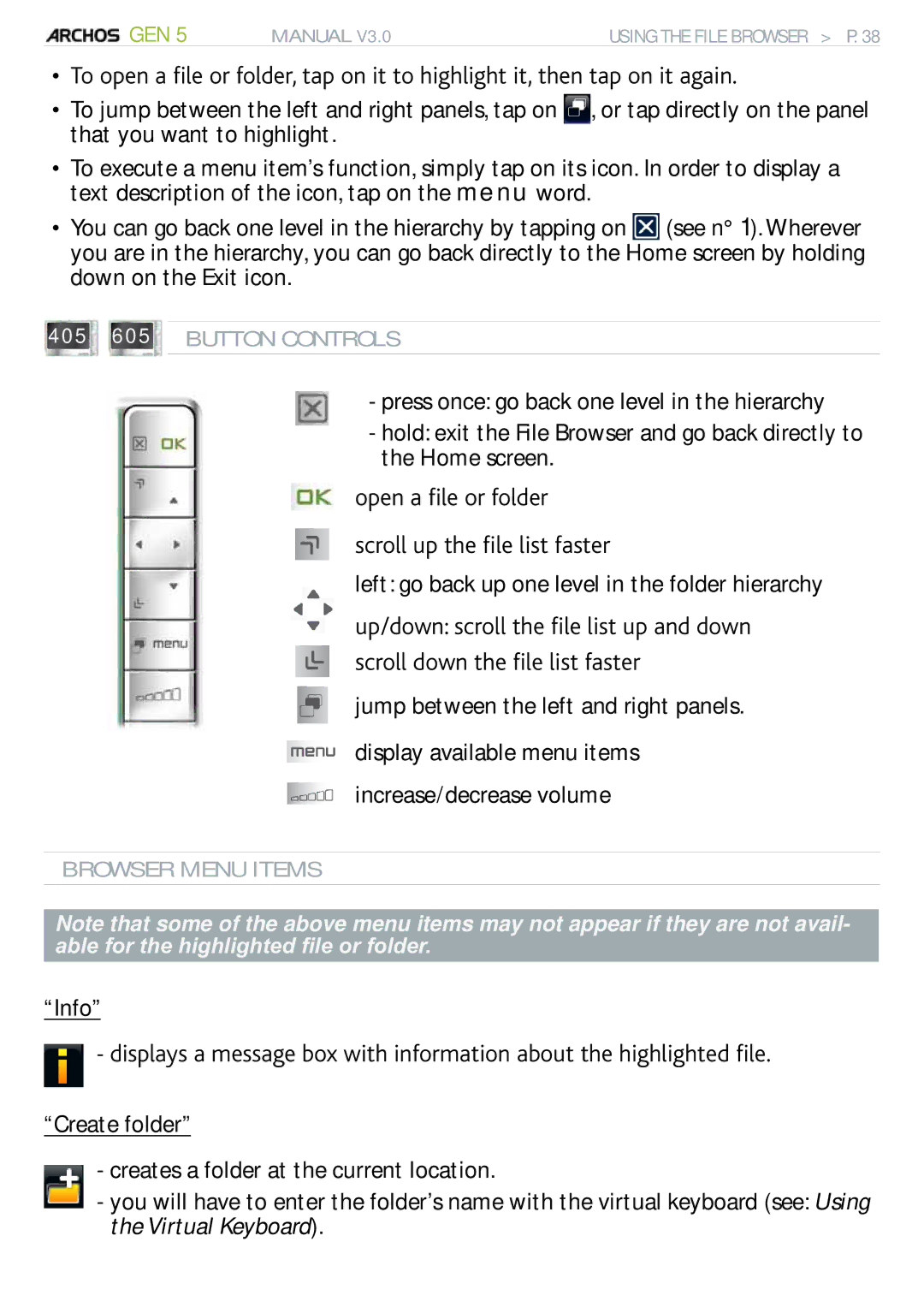 Archos 705 WIFI QrgpCÒngQtHqnfgt UetqnnWrVjgÒngNkuvHcuvgt, Left go back up one level in the folder hierarchy 