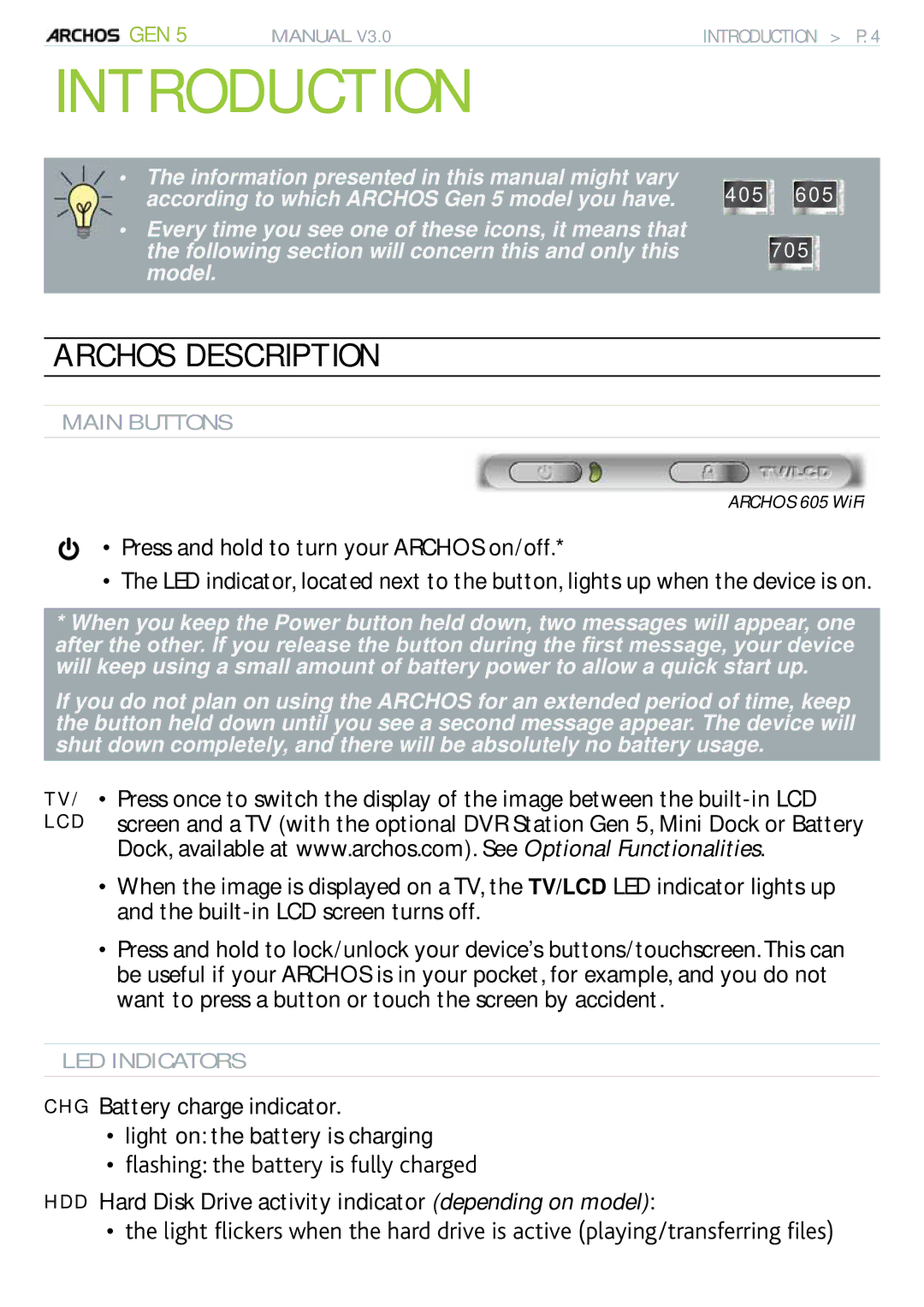 Archos 705 WIFI user manual Introduction, Archos Description, Press and hold to turn your Archos on/off 