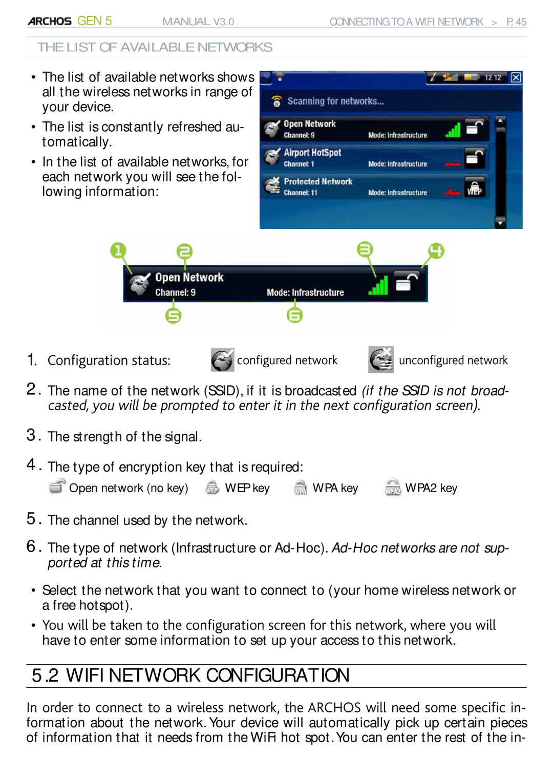 Archos 705 WIFI user manual Wifi Network Configuration, QpòiwtcvkqpUvcvwu, List of Available Networks 