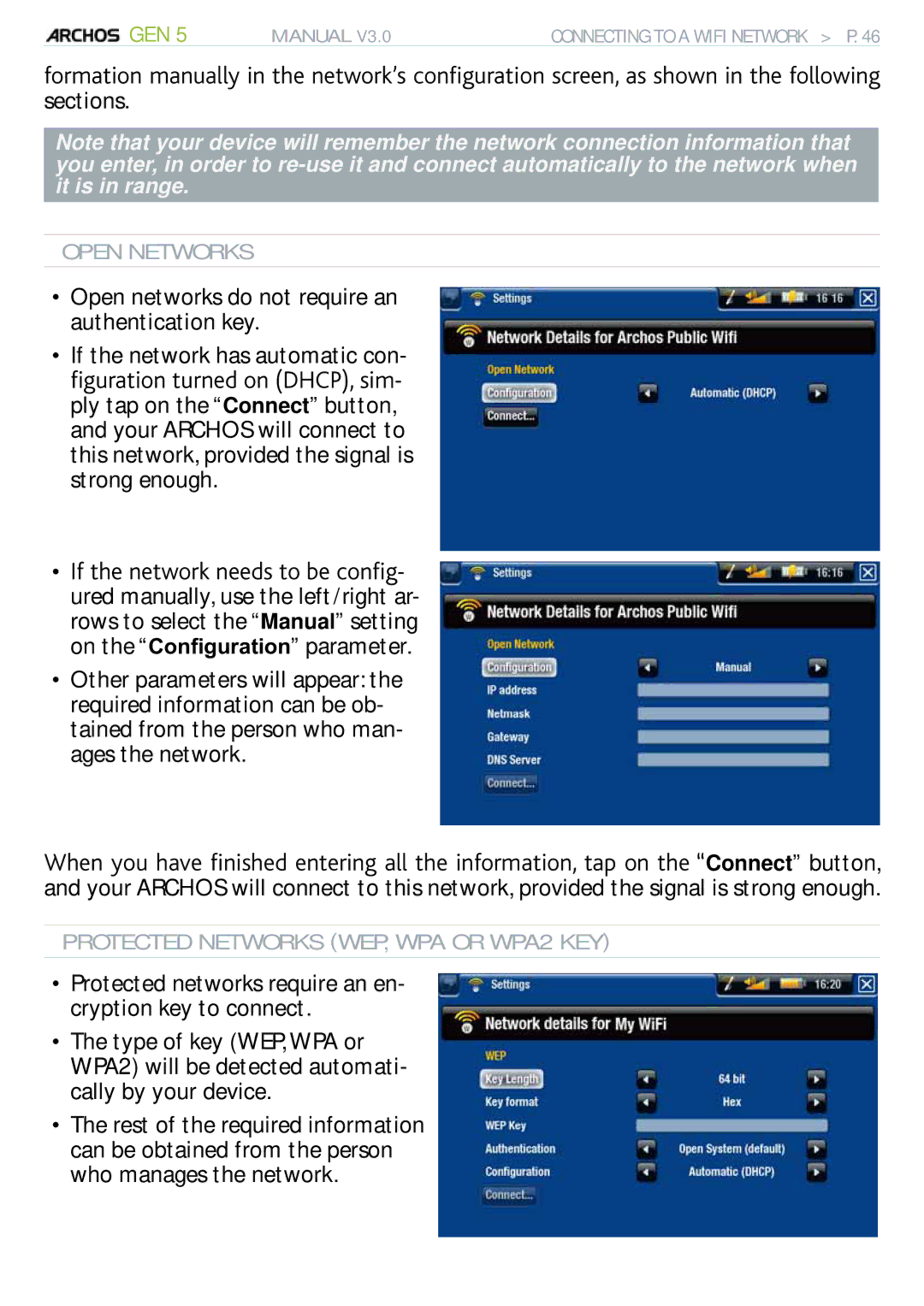 Archos 705 WIFI user manual Open Networks, Protected Networks WEP, WPA or WPA2 KEY 