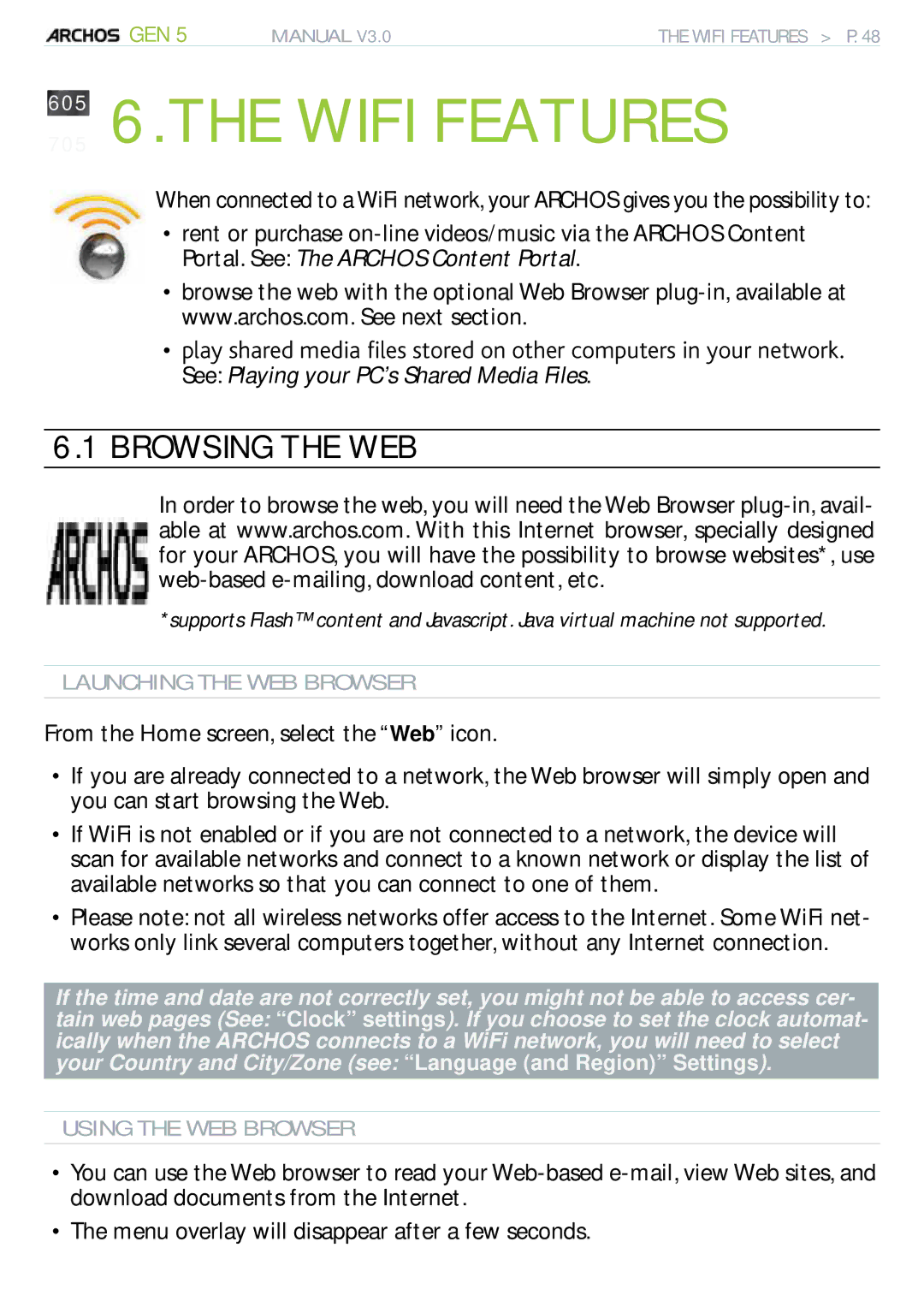 Archos 705 WIFI user manual 605705 6.THE Wifi Features, Browsing the WEB, Launching the WEB Browser, Using the WEB Browser 