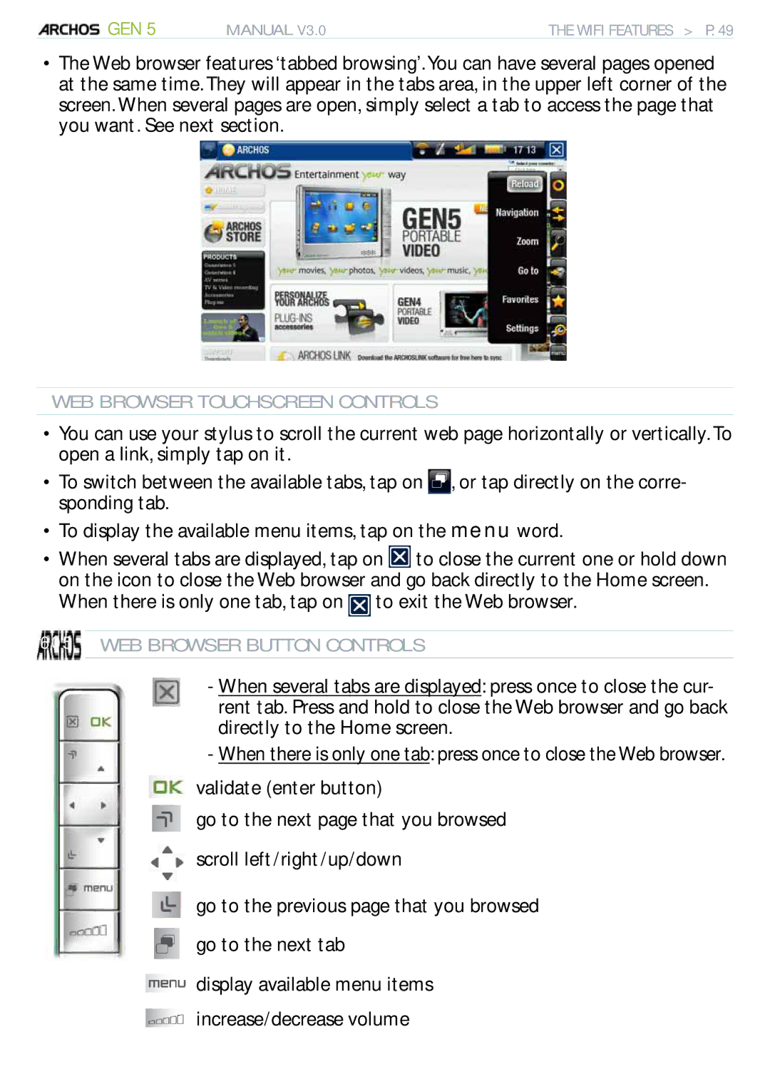 Archos 705 WIFI user manual WEB Browser Touchscreen Controls, WEB Browser Button Controls 