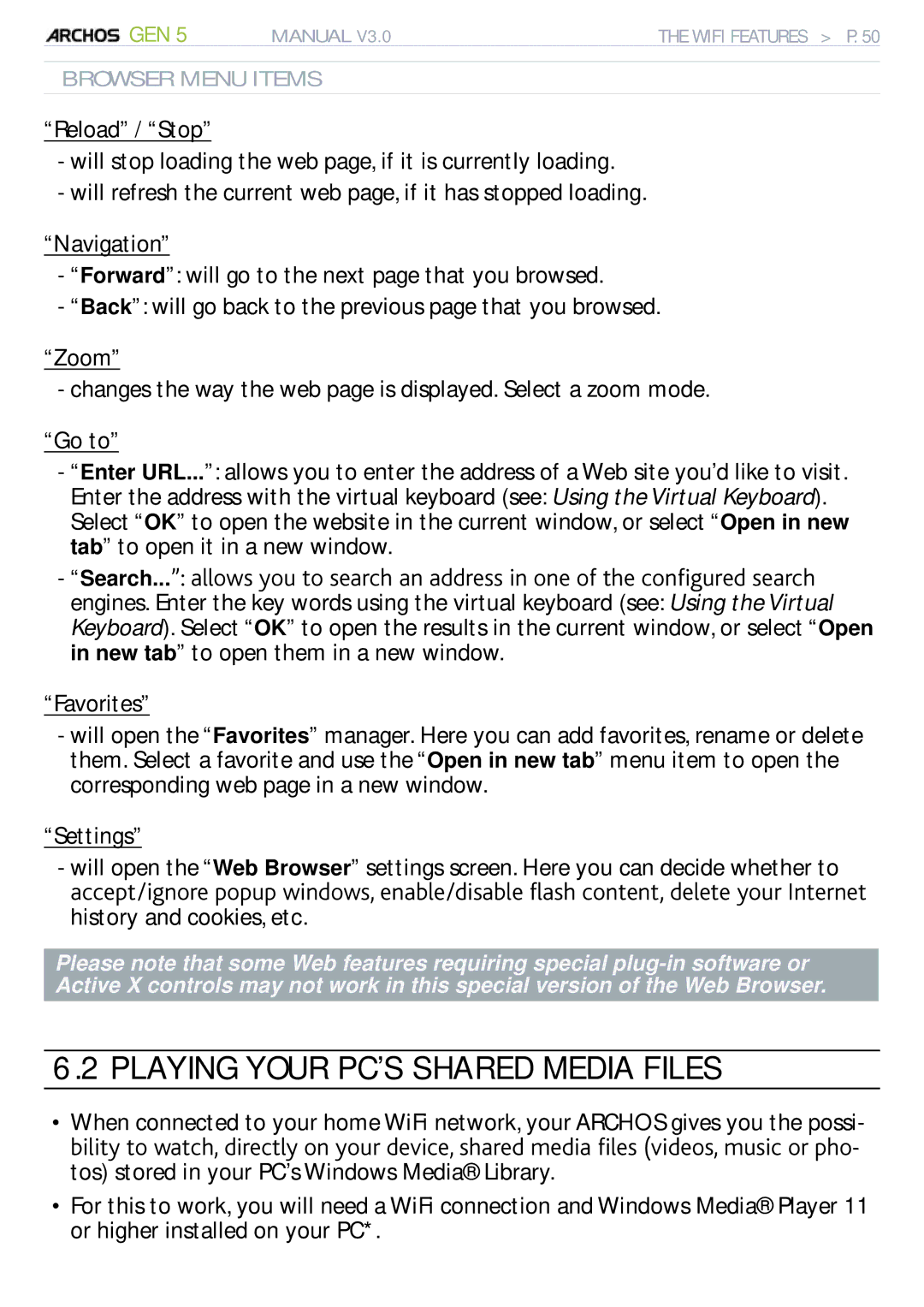 Archos 705 WIFI user manual Playing Your PC’S Shared Media Files, Browser Menu Items 