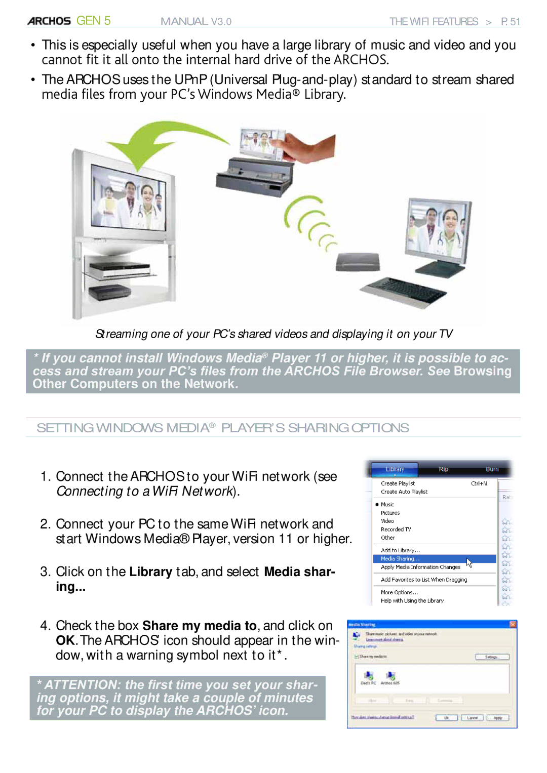 Archos 705 WIFI OGFKCÒNGUHTQOQWT2%lU9KPFQYU/GFKC‚.KDTCT, Click on the Library tab, and select Media shar 