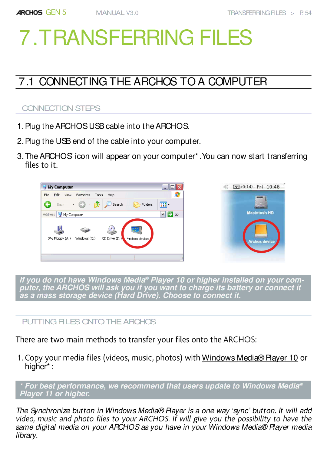 Archos 705 WIFI user manual Transferring Files, Connecting the Archos to a Computer, ÒnguVqKv, Connection Steps 