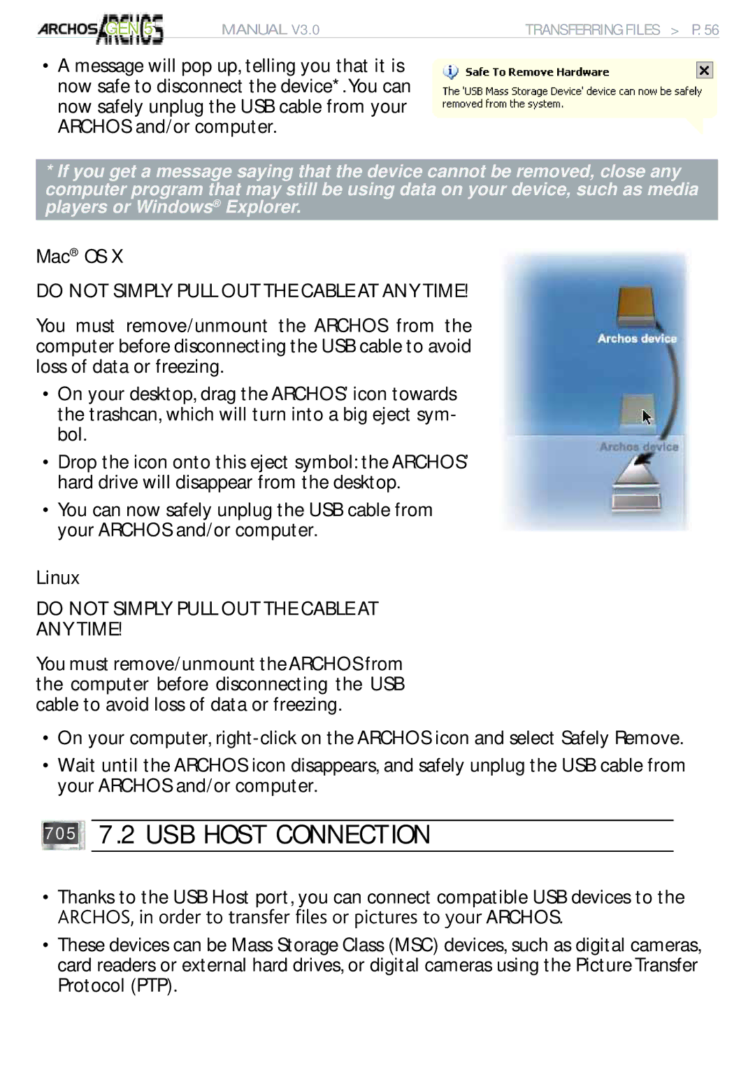 Archos 705 WIFI user manual 705 7.2 USB Host Connection, Mac OS, Do not Simply Pull OUT the Cable AT ANY Time 