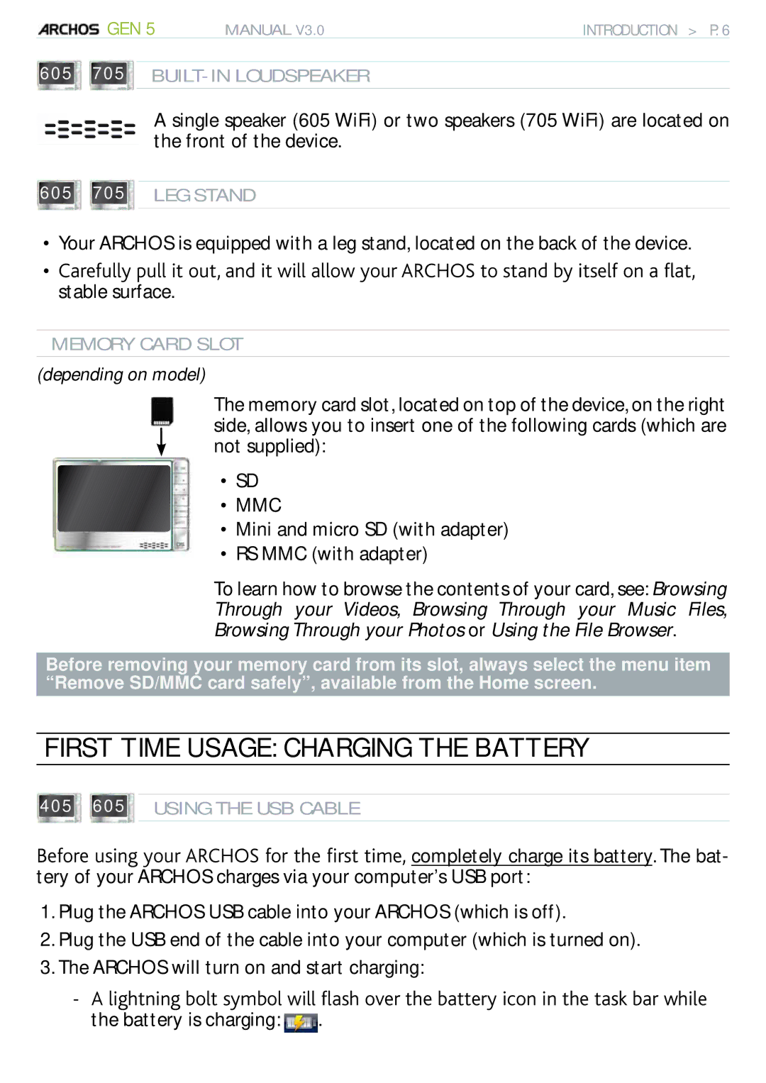 Archos 705 WIFI user manual First Time Usage Charging the Battery, Mmc, Mini and micro SD with adapter RS MMC with adapter 