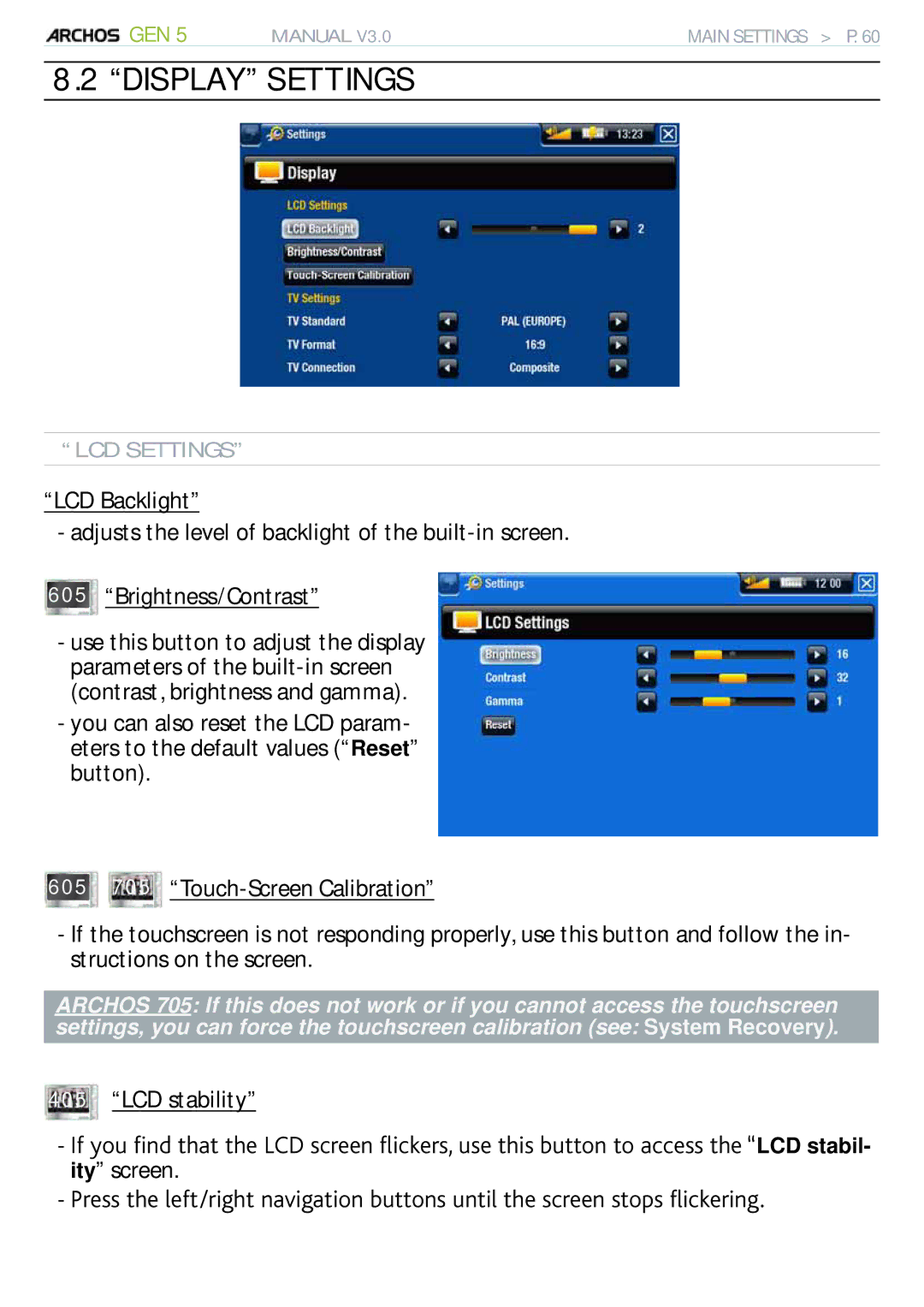 Archos 705 WIFI user manual Display Settings, LCD stability, LCD Settings 