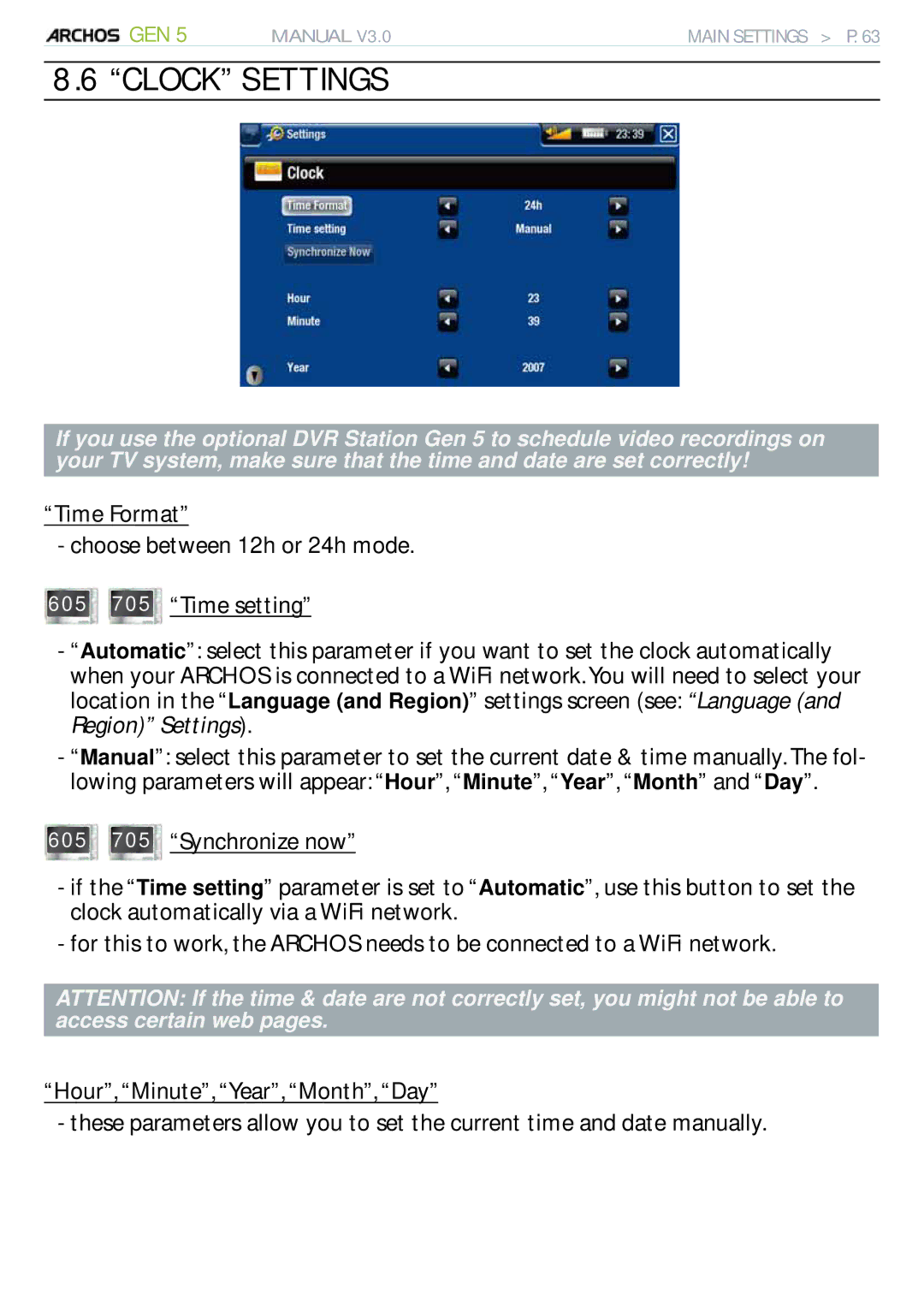 Archos 705 WIFI user manual Clock Settings 