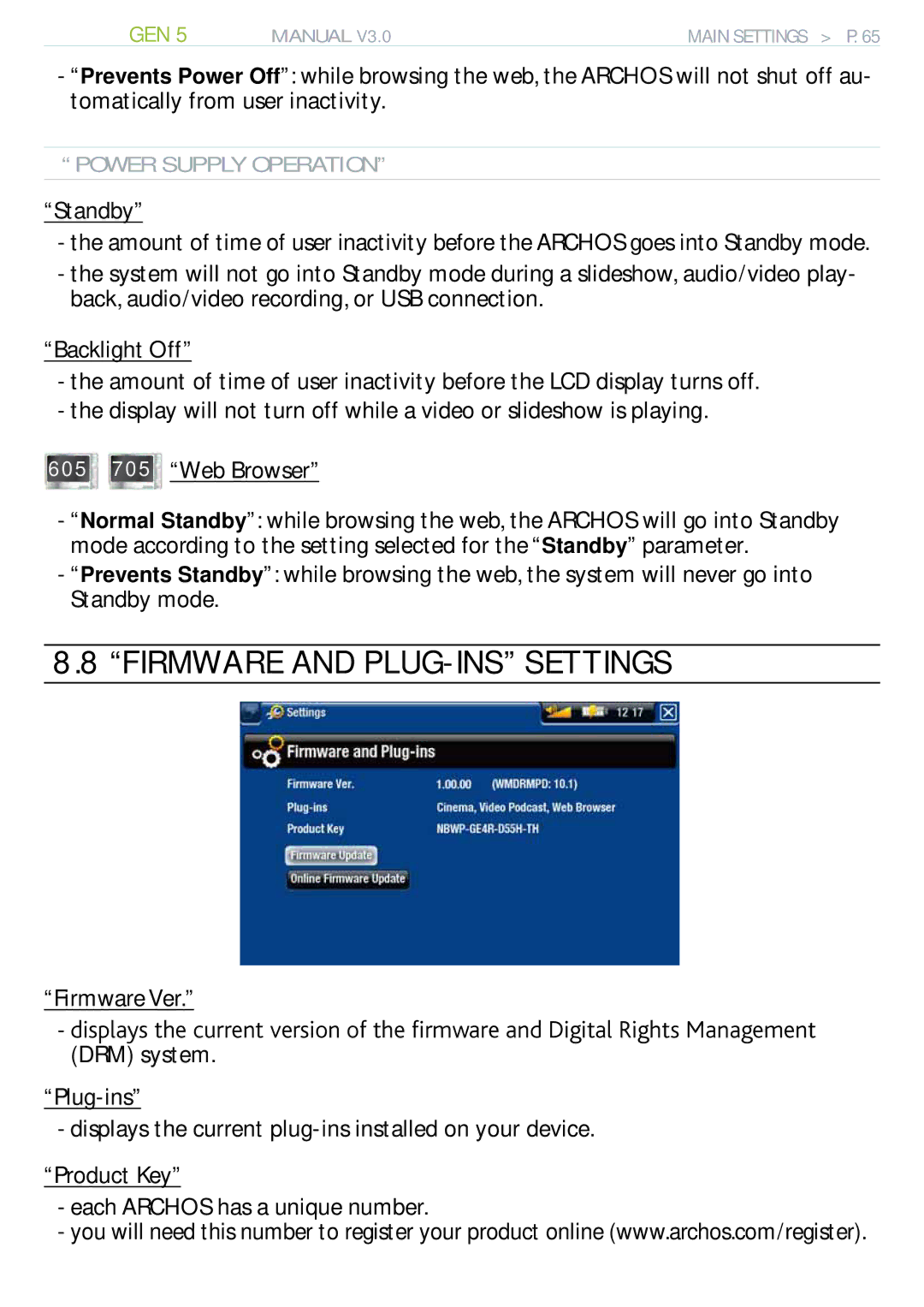 Archos 705 WIFI user manual Firmware and PLUG-INS Settings, Standby, Firmware Ver, Power Supply Operation 