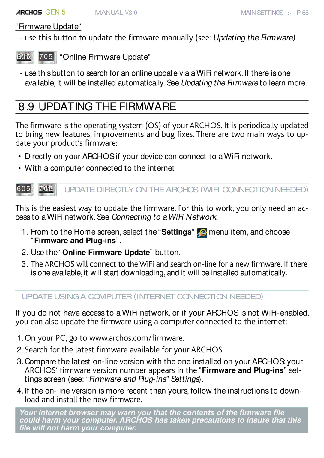 Archos 705 WIFI user manual Updating the Firmware, 605 705 Online Firmware Update, NqcfCpfKpuvcnnVjgPgyÒtoyctg 