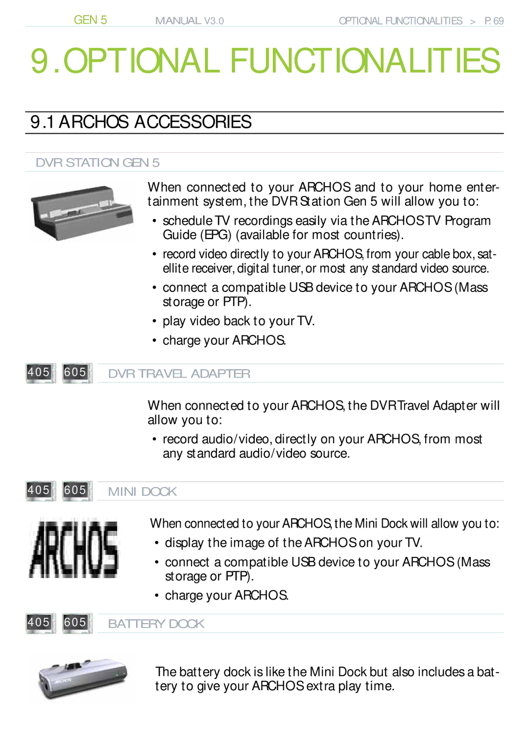 Archos 705 WIFI user manual Archos Accessories, DVR Station GEN, 405 605 DVR Travel Adapter, Mini Dock, Battery Dock 