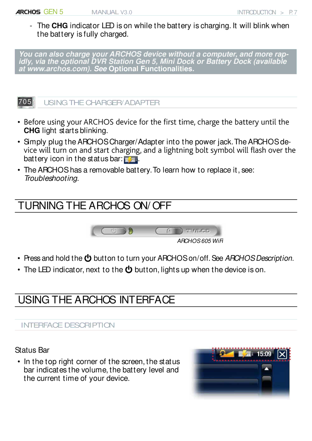 Archos 705 WIFI user manual Turning the Archos ON/OFF, Using the Archos Interface, CHG light starts blinking, Status Bar 