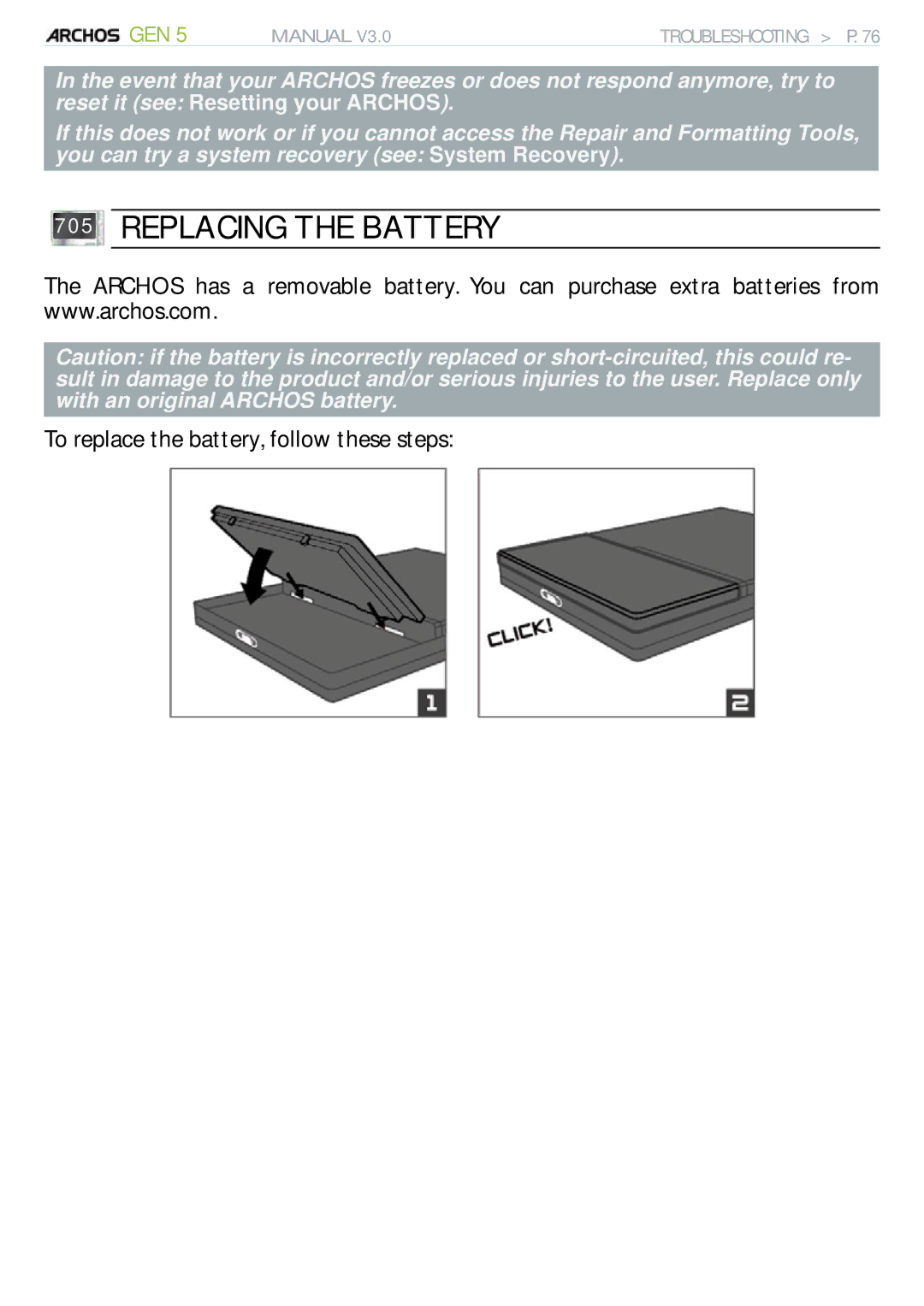 Archos 705 WIFI user manual Replacing the Battery, To replace the battery, follow these steps 