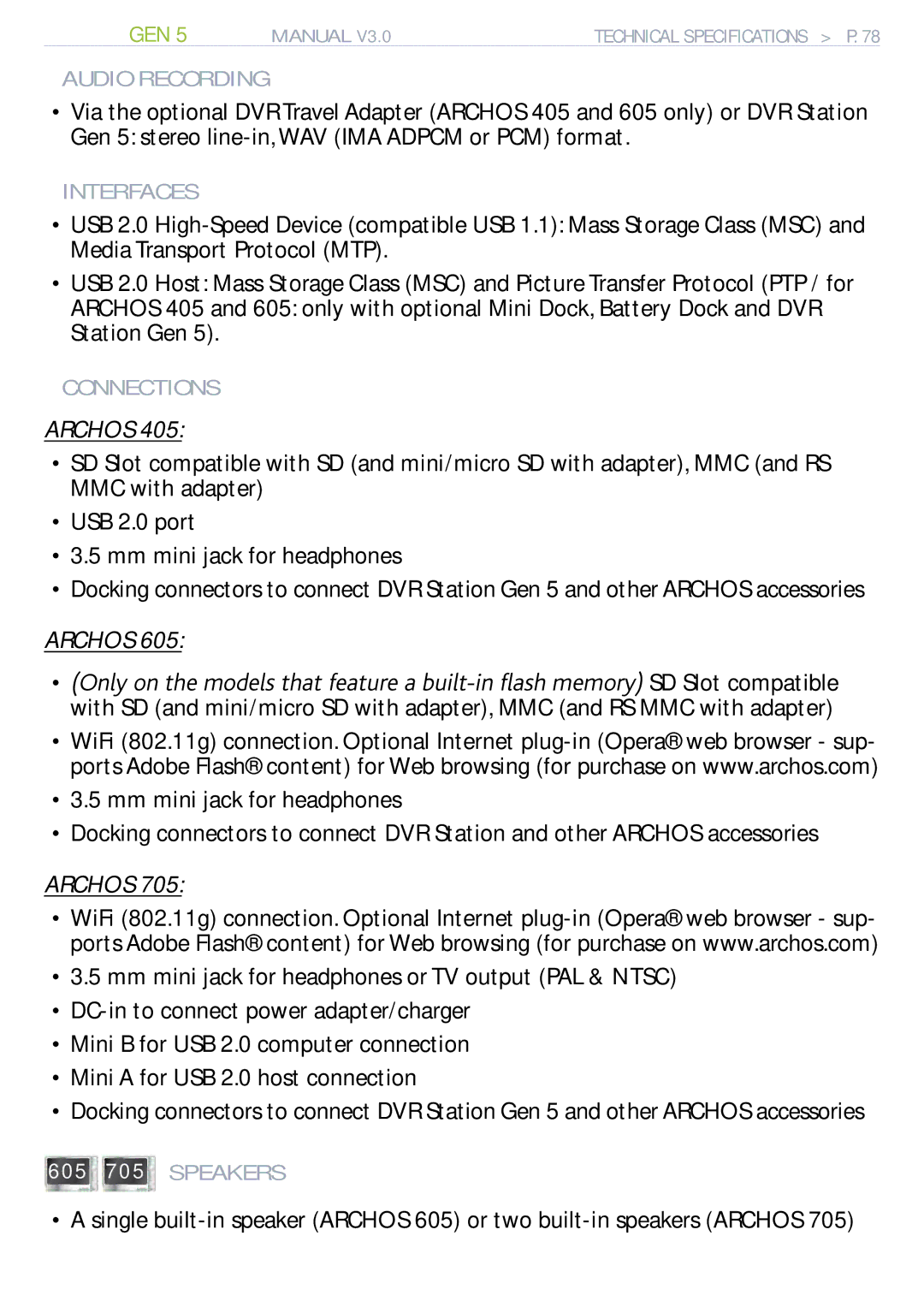 Archos 705 WIFI user manual Audio Recording, Interfaces, Connections 