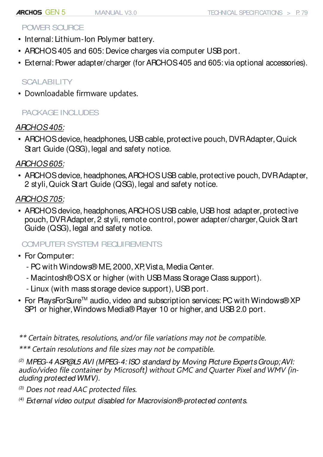 Archos 705 WIFI QypnqcfcdngÒtoyctgWrfcvgu, Power Source, Scalability, Package Includes, Computer System Requirements 