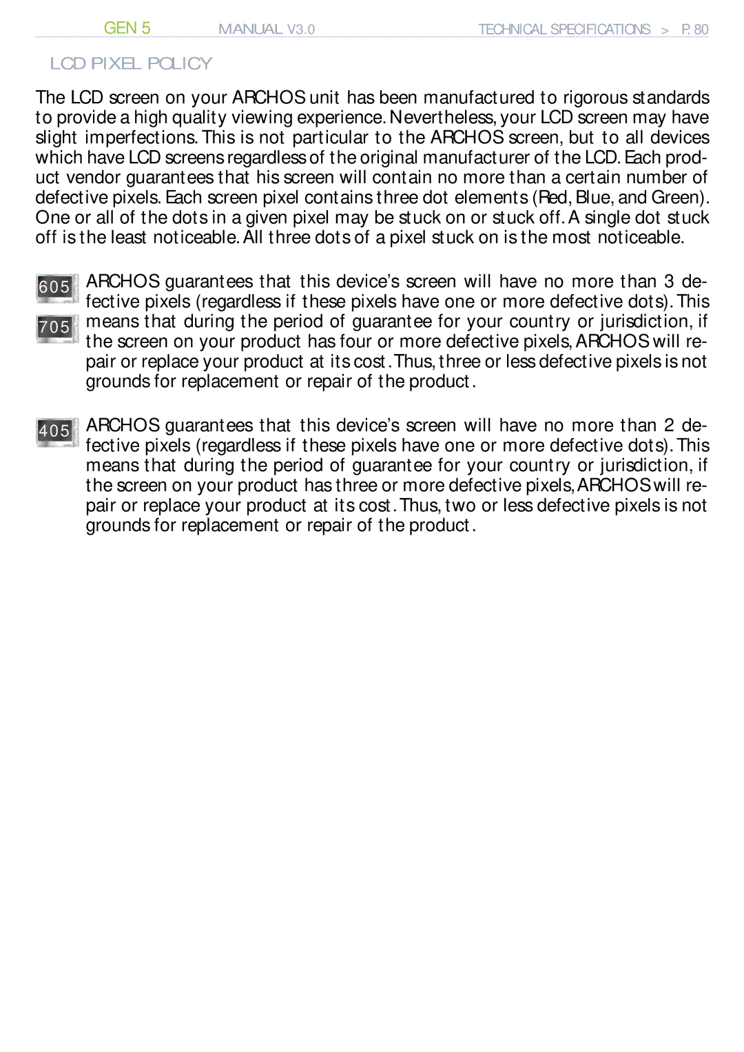 Archos 705 WIFI user manual LCD Pixel Policy 