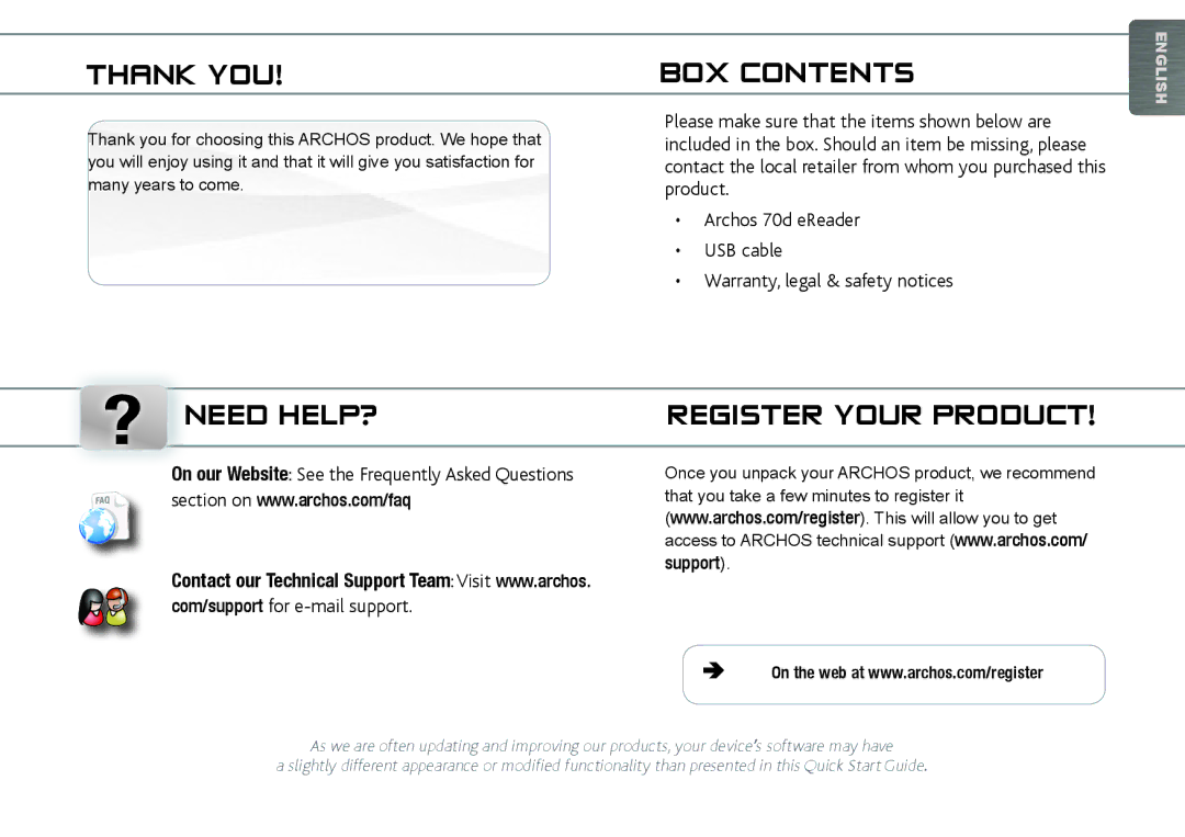 Archos 70D quick start Thank YOU, BOX Contents, Need HELP? Register Your Product 