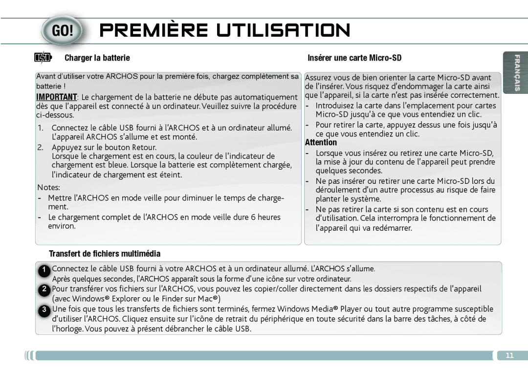 Archos 70D Première Utilisation, Charger la batterie, Transfert de fichiers multimédia, ’appareil qui va redémarrer 