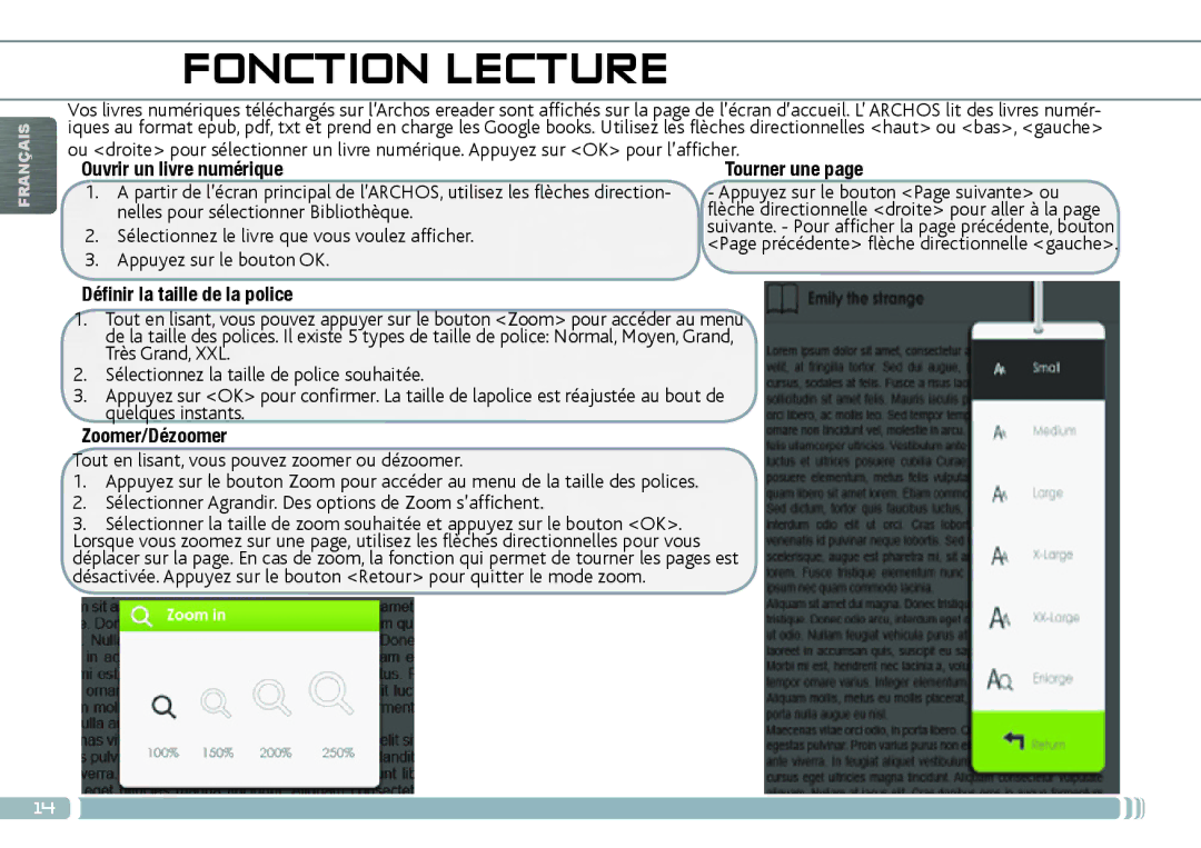 Archos 70D Fonction Lecture, Ouvrir un livre numérique, Tourner une, Définir la taille de la police, Zoomer/Dézoomer 