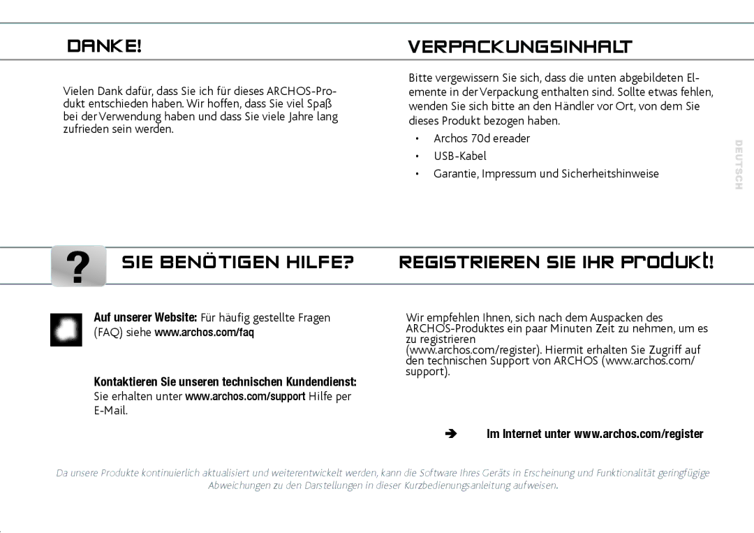 Archos 70D quick start Danke, Verpackungsinhalt, SIE Benötigen HILFE? Registrieren SIE IHR Produkt 