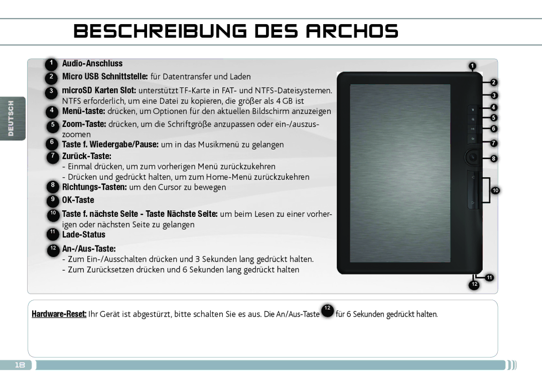 Archos 70D Beschreibung DES Archos, Audio-Anschluss, Micro USB Schnittstelle für Datentransfer und Laden, Zurück-Taste 