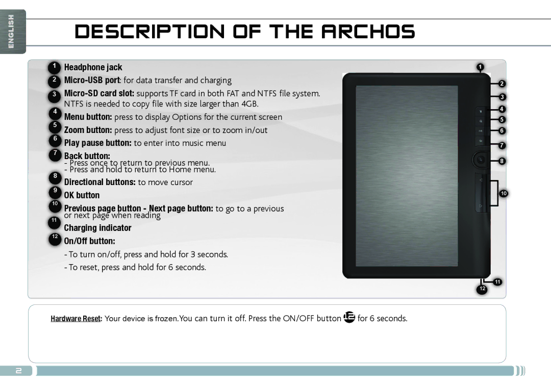 Archos 70D quick start Description of the Archos, Headphone jack, Back button 