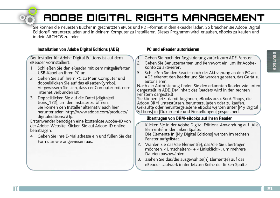 Archos 70D quick start Installation von Adobe Digital Editions ADE, PC und eReader autorisieren 