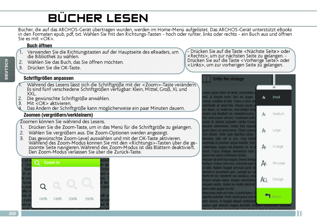 Archos 70D quick start Bücher Lesen, Buch öffnen, Schriftgrößen anpassen, Zoomen. vergrößern/verkleinern 