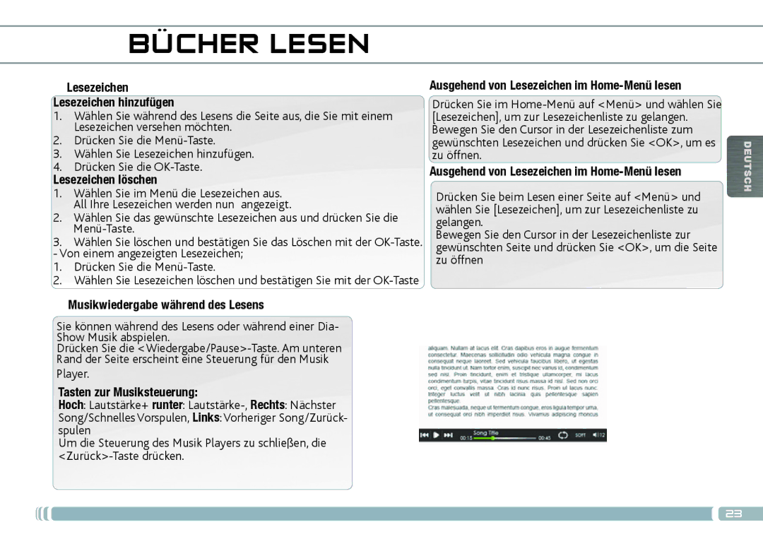 Archos 70D quick start Lesezeichen Lesezeichen hinzufügen, Lesezeichen löschen, Musikwiedergabe während des Lesens 