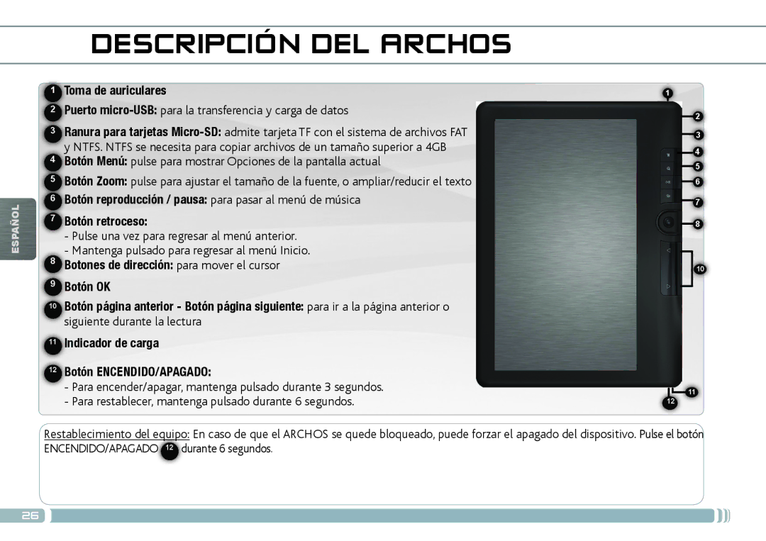 Archos 70D quick start Descripción DEL Archos, Botones de dirección para mover el cursor 