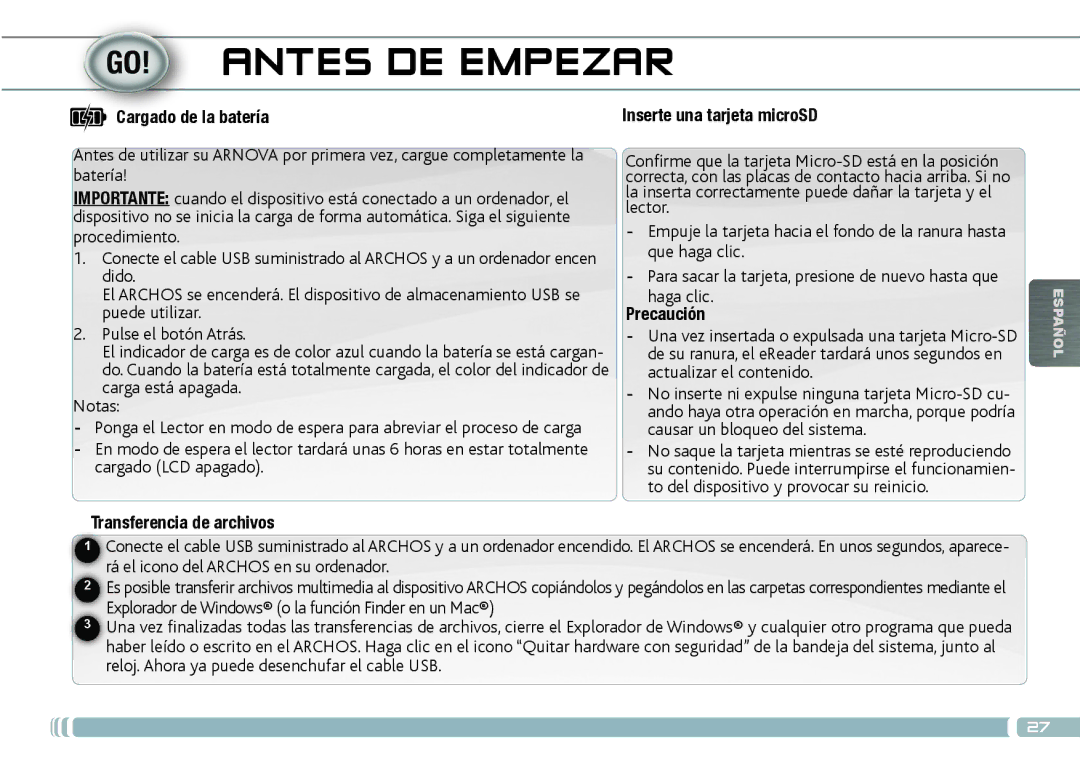 Archos 70D quick start Antes DE Empezar, Cargado de la batería, Batería, Transferencia de archivos, Precaución 