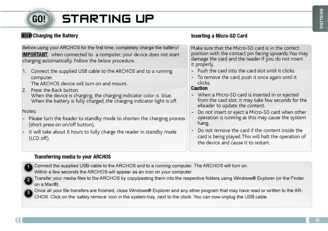 Archos 70D quick start Starting UP, Charging the Battery, Transferring media to your Archos 