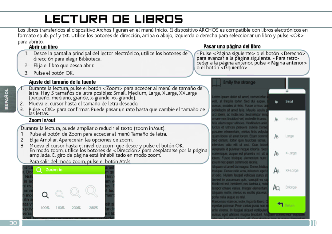 Archos 70D Lectura DE Libros, Abrir un libro, Pasar una página del libro, Ajuste del tamaño de la fuente, Zoom in/out 