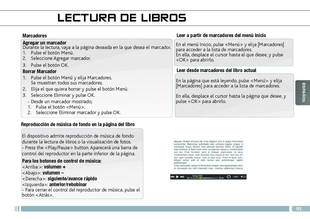 Archos 70D Marcadores Agregar un marcador, Borrar Marcador, Leer desde marcadores del libro actual, Abajo volumen 