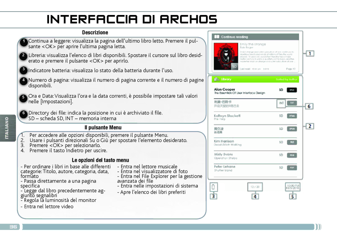 Archos 70D quick start Interfaccia DI Archos, Descrizione, Il pulsante Menu, Le opzioni del tasto menu 