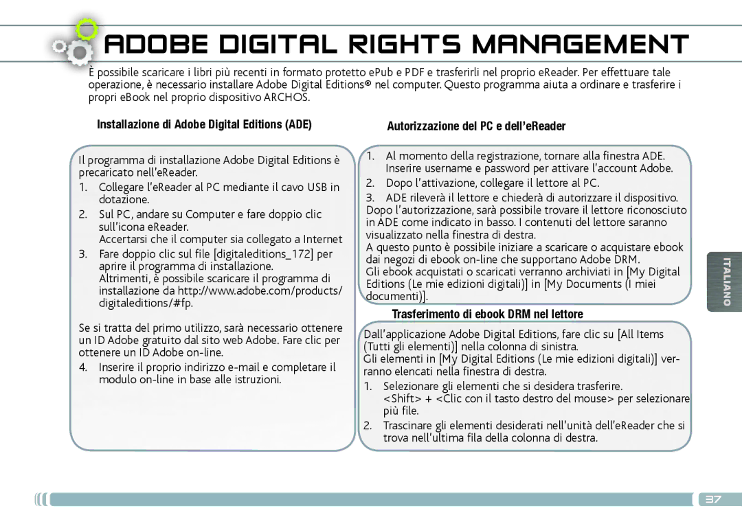 Archos 70D quick start Installazione di Adobe Digital Editions ADE, Autorizzazione del PC e dell’eReader 
