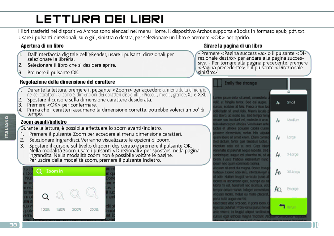 Archos 70D quick start Lettura DEI Libri, Apertura di un libro, Girare la pagina di un libro, Zoom avanti/indietro 