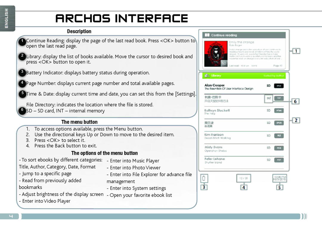 Archos 70D quick start Archos Interface, Description, Menu button, Options of the menu button 