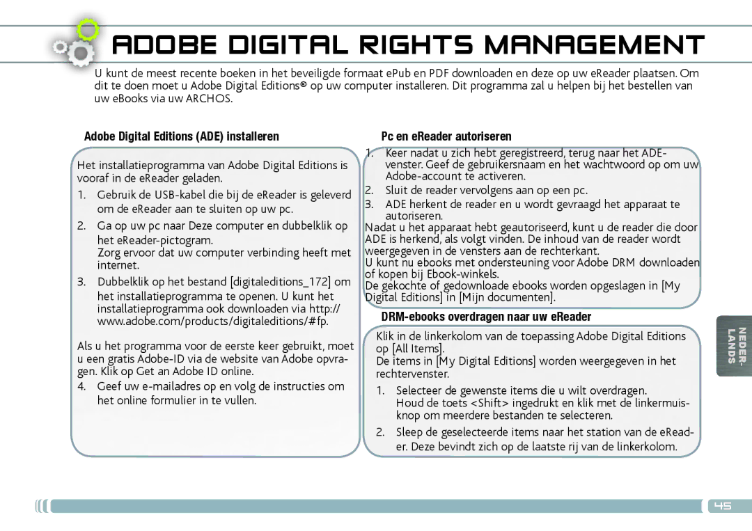 Archos 70D quick start Uw eBooks via uw Archos, Adobe Digital Editions ADE installeren, Pc en eReader autoriseren 