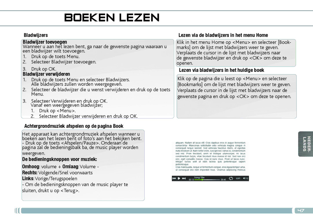 Archos 70D quick start Bladwijzers Bladwijzer toevoegen, Bladwijzer verwijderen, Lezen via bladwijzers in het huidige boek 