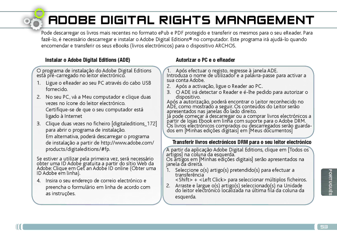 Archos 70D quick start Instalar o Adobe Digital Editions ADE, Autorizar o PC e o eReader 