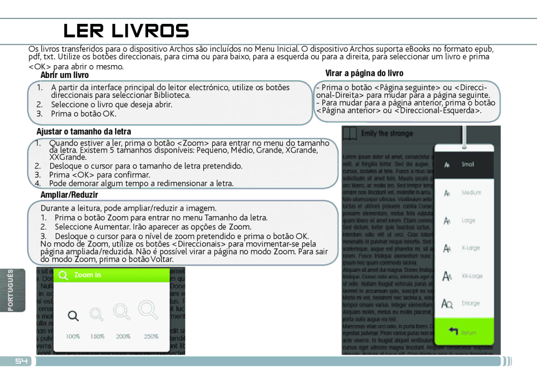 Archos 70D quick start LER Livros, Abrir um livro, Virar a página do livro, Ajustar o tamanho da letra, Ampliar/Reduzir 