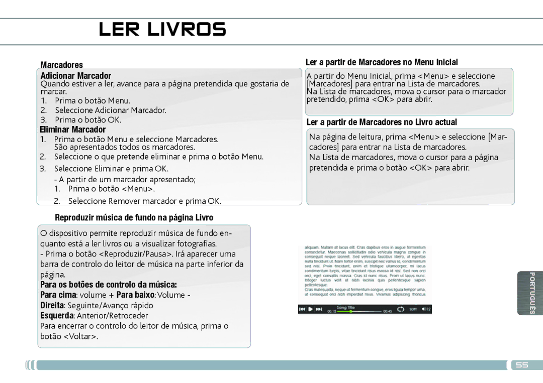 Archos 70D quick start Marcadores Adicionar Marcador, Eliminar Marcador, Reproduzir música de fundo na página Livro 
