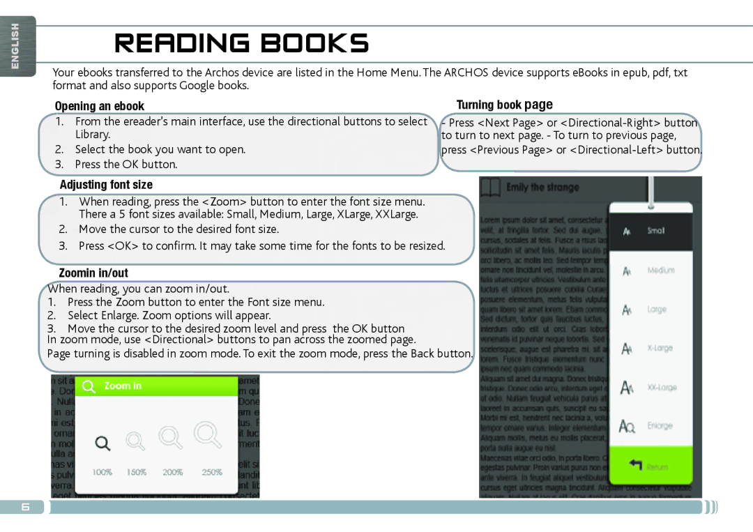 Archos 70D quick start Reading Books, Opening an ebook, Adjusting font size, Zoomin in/out 