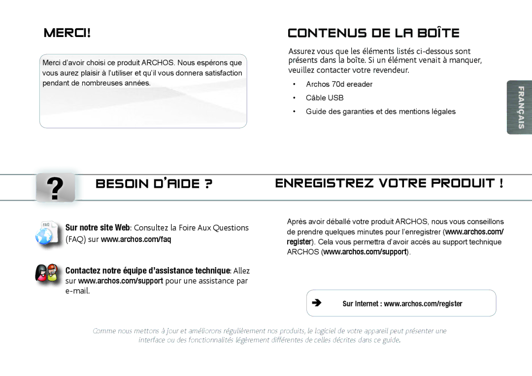 Archos 70D Merci, Contenus DE LA Boîte, ? Besoin D’AIDE ? Enregistrez Votre Produit, Veuillez contacter votre revendeur 