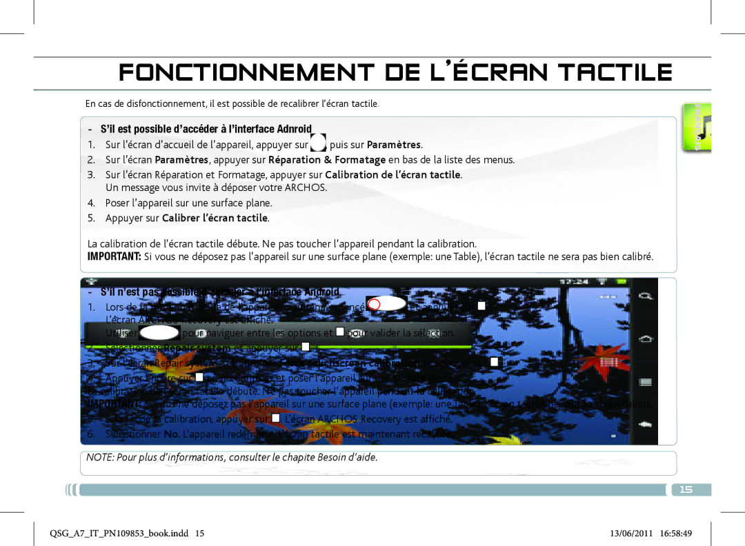 Archos 8700 manual Fonctionnement DE L’ÉCRAN Tactile, Appuyer sur Calibrer l’écran tactile 