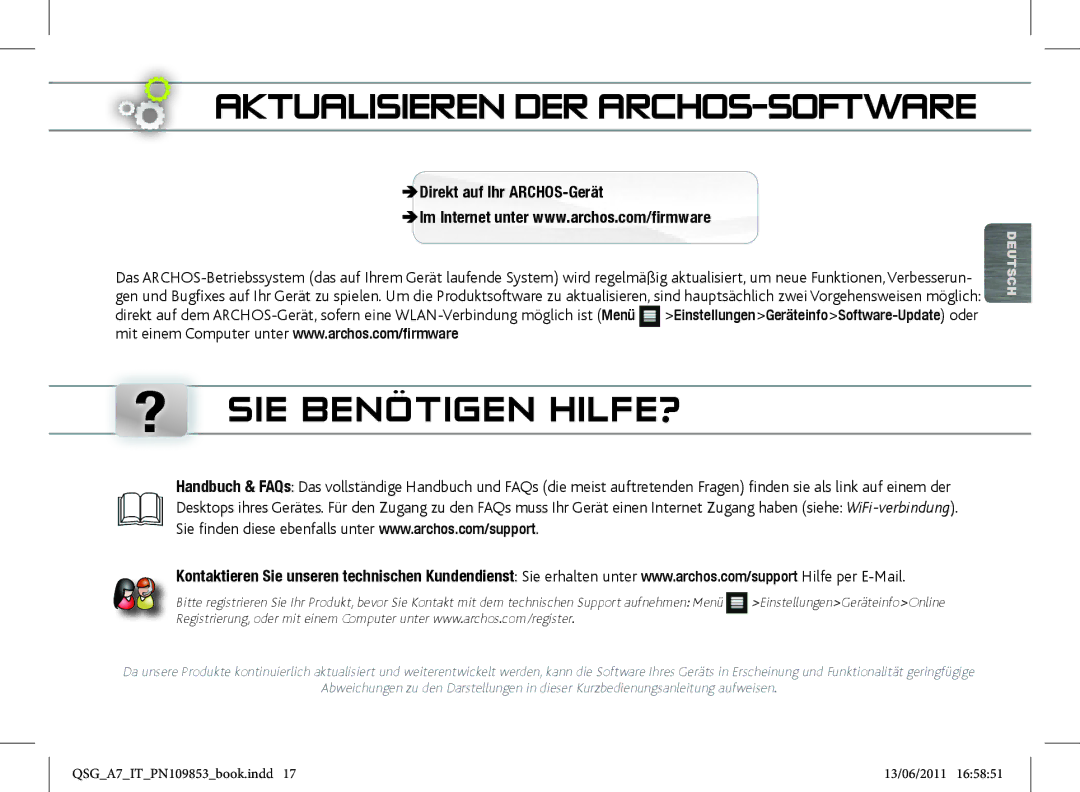 Archos 8700 manual Aktualisieren DER ARCHOS-SOFTWARE, ? SIE Benötigen HILFE?, ÄDirektÄ auf Ihr ARCHOS-Gerät 