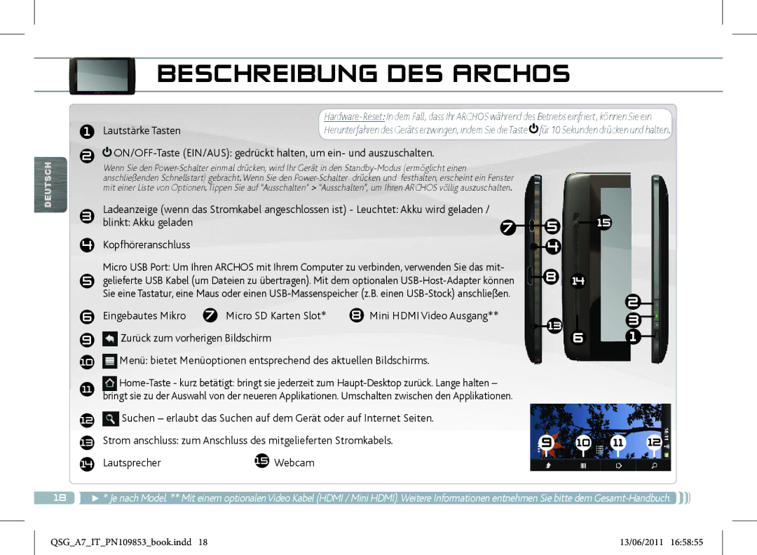 Archos 8700 manual Beschreibung DES Archos, Lautstärke Tasten, Blinkt Akku geladen Kopfhöreranschluss 